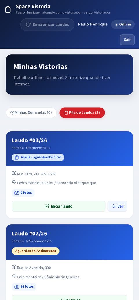 App de vistoria no celular com os laudos em andamento